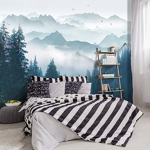 YIHWM -Foggy Forest Pine Scenery Fabric Wallpaper Living Room Bedroom Bathroom Mountain Wall Mural- 91x65（ not Peel and Stick）