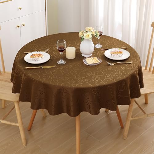 Homaxy Tischdecke Abwaschbar Jacquard Rund 140cm, Braun | Damast Design, Schmutzabweisend, Dick & Langlebig, Pflegeleicht Maschinenwaschbar, Für Küche Party Garten