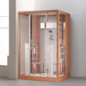 PureHaven 2in1 Dampfdusche und Infrarotsauna 145x90x215 cm Aluminiumrahmen komplettem Zubehör Tropenbrause Sitzfläche Radio Massagefunktion holzfarben