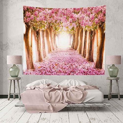BULOR Wandteppich mit rosa Blumen, Bäumen, Pfad, Blumenmuster, Kirschblüte, romantischer Wandbehang, Wandteppich für Kinder, Baby-Geburtstag, Schlafzimmer, Wohnzimmer, Schlafsaal, Höhle, Hintergrund,
