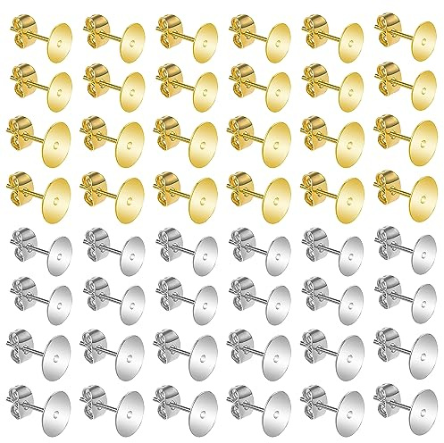 Yolev 400Pcs Earrings Posts Stainless Steel 6mm/8mm Steel Flat Pad Earring Studs, Butterfly and Clear Rubber Earring Backs for Jewelry Making DIY (Steel Color and Gold)