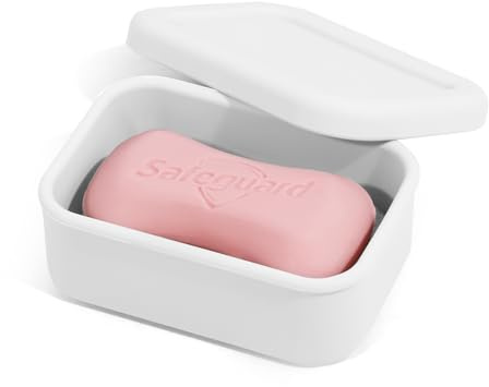 HighHerz Leak Proof Silicone Travel Soap Case with Draining Tray - Bar Soap Holder for Travel, Gym & Camping - Mess-Free Portable Soap Container for Carry-on Bags (White)