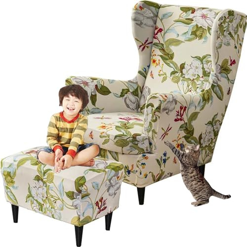 Sesselüberwürfe Elastisch 3-teilig Sesselbezug Ohrensessel Überzug Mit Ottomane Schonbezug Ohrensessel Bezug Bezug Sesselhusse Stretch Husse Für Ohrensessel (Color : #3, Size : Wingback Chair Cover