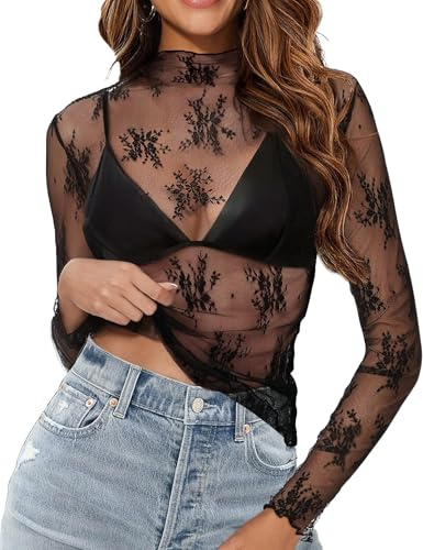 Buauty Mesh Long Sleeve Top for Women, Lace Sheer Tops See Through Mock Neck Floral Embroidery Sheer Bodysuit Fishnet Shirt Black