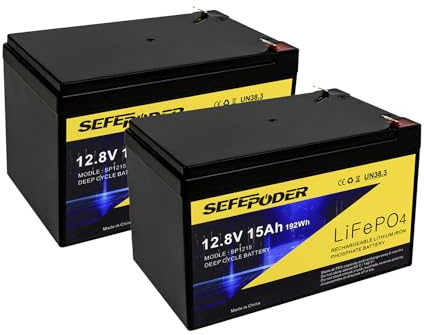 SEFEPODER 2 Pack 12V 15Ah LiFePO4 Deep Cycle Battery, 2000+ Cycles Rechargeable Battery for Scooter, Lighting, Power Wheels, Fish Finder and More with Built-in 16A BMS