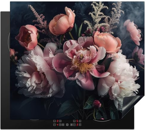 KitchenYeah© Herdabdeckplatte Einteilig Induktionsmatte Küche Abdeckung | 57x51 cm - Ceranfeld Herd Abdeckplatte Deko Vinyl Matte Aufrollbar Rosen - Blumen - Rosa - Pflanzen - Stilleben - Natur
