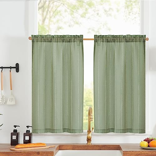 Vangao Scheibengardinen Streifen Modern Küche Grün Leinenoptik Landhausstil Gardinen Kurz Bistrogardine 2er Set 65Bx90Hcm Küchengardinen mit Stangendurchzug Lichtdurchlässig für Wohnzimmer Wohnwagen
