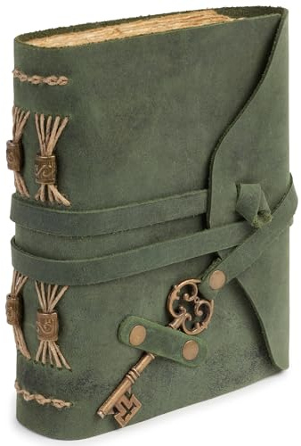 GlobeeCraft Diario Vintage de Cuero Verde con Llave - Cuaderno para Viajes Vintage con Papel de Algodón - Cuaderno Diario Compacto 18x13 cm, Ideal para Viajes, Notas y Reflexiones Personales