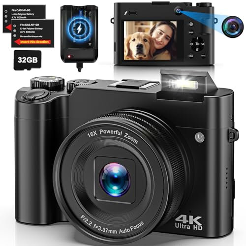 Macchina Fotocamera Digitale 4K Dual Camera 64MP Autofocus Vlogging Camera con Scheda di Memoria da 32GB, Fotocamera Compatta per Adolescenti Principianti 16x Zoom digitale 2 Batterie e Caricabatterie