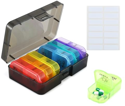 Oaklynet Tablettenbox 7 Tage, Morgens Abends Pillendose, 2 Fächer, Handlicher Und Feuchtigkeitsbeständiger Tabletten Organizer, Regenbogen Medikamentenbox, Pill Box