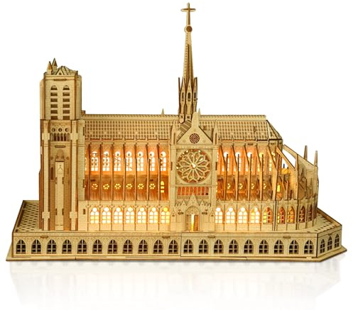 Hallisun 3D Wooden Puzzles for Adults, Notre Dame de Paris Church Architecture Model Kit with Light, DIY Night Edition Construction Building Craft Set Christmas Birthday Gift, Home Decor, 266 PCS