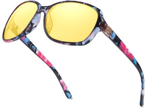 TJUTR Nachtfahrbrille für Damen, Anti-Blendung Umwickeln Nachtsichtbrille für das Fahren Polarisierte Gelbe Linse mit Reduzieren Scheinwerfer Blendung UV400 Schutz