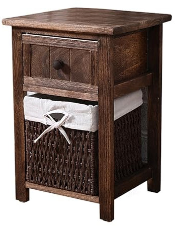 All Solid Wood Narrow Side Tables, Skinny Bedside End Table Nightstand with Drawers and Storage Basket, Bedroom Table for Sofa Living Room Couch Bedroom(Brown,30 * 28 * 45cm)