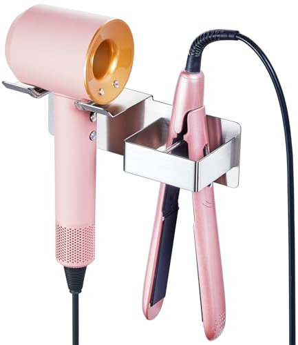 Fönhalter Ohne Bohren, Föhn Halterung, Metall Föhn und Glätteisen Halterung, Föhnhalterung Wand Ohne Bohren, Fön Halterung, Haartrockner Halterung Glätteisen Aufbewahrung für Badezimmer (Silber)