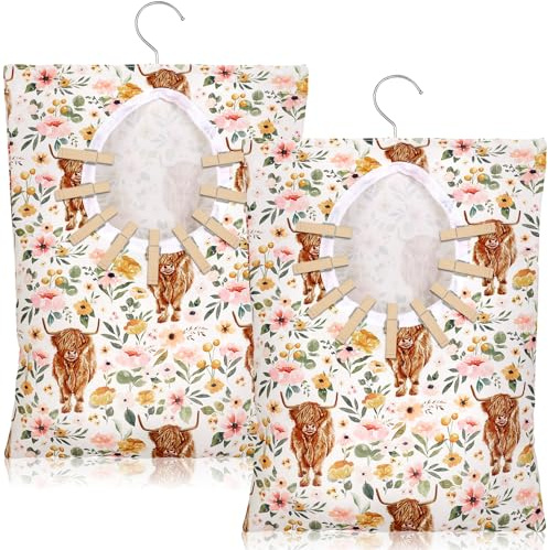Whaline 2 Pcs Highland Cow Clothespin Bag with Hanging Hook Watercolor Cow Floral Cloths Pin Storage Organizer with Large Opening for Outdoor Wardrobe Laundry Room, 15 x 11 Inch