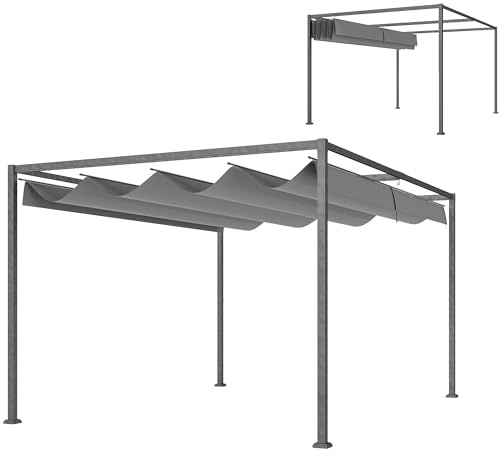 Outsunny Pérgola 4x3 m Cenador de Jardín Pabellón de Diseño Elegante con Techo Retráctil de Poliéster con Recubrimiento Resistente Anti-UV Impermeable para Celebraciones Fiestas Bodas Gris Oscuro