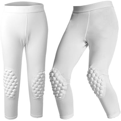 RenDiuJups Youth Boys 3/4 Compression Pants with Knee & Taibone Pads Basketball Tights Football Soccer Leggings Sports(White,YM)