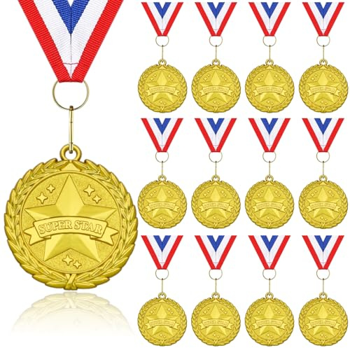 Gold-Medaillen mit Super-Star-Medaillen, 12 Stück, Metall-Medaillen für Sporttagspreise, Turnwettbewerbe, Partygeschenke, Kinder und Erwachsene
