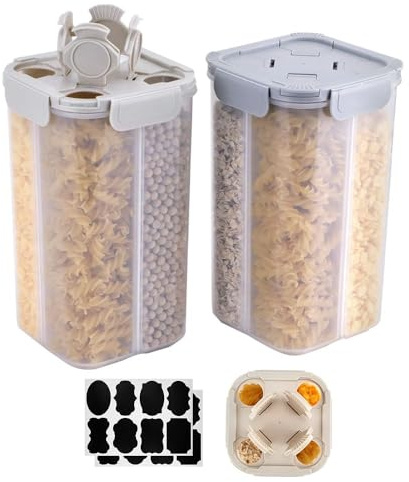 Jiayaus 2Pcs 2.5L Plastic Cereal Storage Container with 4 Compartments