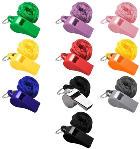 Munsesi 10 Pack Plastic Referee Whistles, Loud and Clear Sound Coaches Whistles, Sports Whistles with Lanyards for Coaches, Teachers, Football, Emergency and Camping