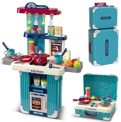 BAKAJI Playset Trolley Cucina 2 in 1 Giocattolo per Bambini Trasformabile in Fornello con Tantissimi Accessori Realistici, Valigetta Portatile Salvaspazio con Cucinino Giocattolo, Idea Regalo