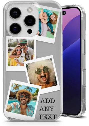 AMAZING Personalisierte Handyhülle für iPhone 15 – Flexible TPU-Hülle, gestalten Sie Ihre Hülle mit Bildern und Text im Polaroid-Stil – 4 Fotos