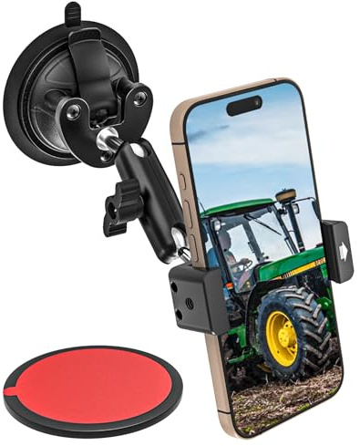 woleyi Soporte Móvil Tractor/Coche Metálico - Brazo Ajustable de Aluminio | Soporte Teléfono Salpicadero Parabrisas Ventana con Ventosa Grande para Todos los Móvils, iPhone 17 16 Pro Max, Pixel, etc
