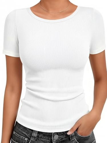White Cotton Ribbed Basic T Shirts for Women,Slim Fit Crew Neck Short Sleeve Summer Shirts,Solid Plain Tops, Undershirts,Teacher Outfits