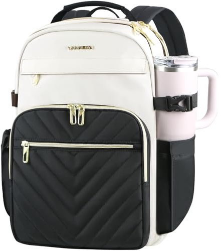 VANKEAN Laptop Backpack Women, 17.3 Computer Backpacks College Work Beige-Black