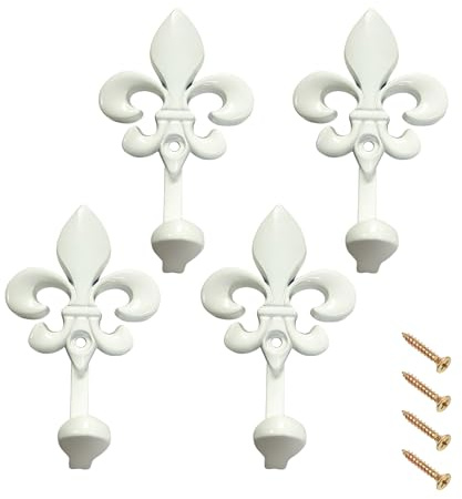 Qaixwuyi Gancho de pared blanco de metal con diseño vintage de flor de lis. Sujetador de cortinas con tornillos. Ganchos decorativos para abrigos, ideales para sala de estar, baño y armario