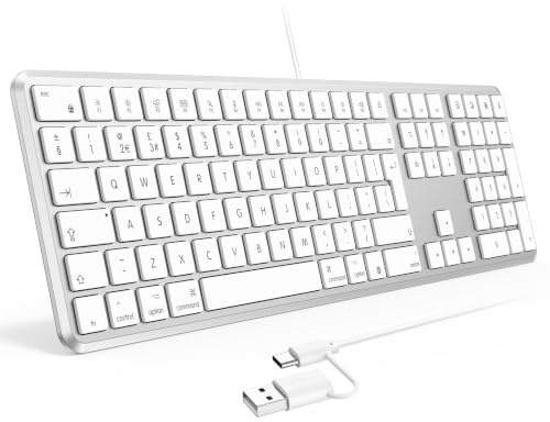 TECURS Wired Keyboard for Mac (USB C + A), Dual Interface Compatible with Apple MacPro, iMac, Mac Mini, MacBook Pro/Air, Silent Slim Keyboard, QWERTY UK Layout, Silver