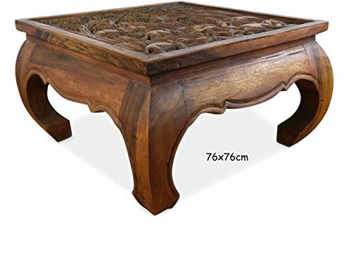 livasia Großer Opiumtisch in braun mit Elefantenschnitzerei. 76x76cm. Beistelltisch BZW. Couchtisch aus Massivholz