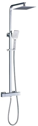Duschsäule mit Thermostat, extra flach, quadratisches Design, höhenverstellbar von 80 bis 120 cm, mit Wasserhahn, 20 x 20 cm und quadratischem Duschgriff, verchromt, glänzende Oberfläche