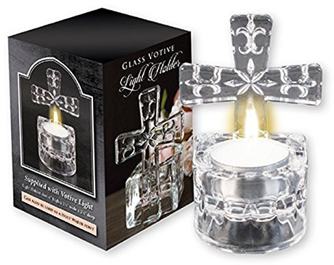 Glass Cross Tea Light Holder & Holy Water Font with a Bottle Lourdes Water.