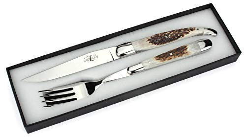 Forge de Laguiole - Steakbesteck - Griff Hirschhorn - Besteck Set Frankreich Steakmesser und Gabel - Stahl hochglanz