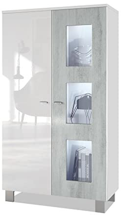 Vladon Vitrine Denjo, Made in Germany, Standvitrine mit 2 Türen und 3 Glaseinsätzen, Weiß matt/Weiß Hochglanz/Beton Oxid-Optik, inkl. LED-Beleuchtung (71 x 129 x 35 cm)