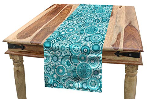 ABAKUHAUS Wasser Tischläufer, Mandala Runde, Esszimmer Küche Rechteckiger Dekorativer Tischläufer, 40 x 225 cm, Türkisblaues Weiß