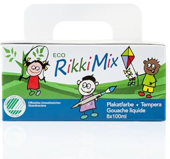 ECO RikkiMix Kids 8x100ml großes Bastel-Malfarben-Set. Sichere Farben für Sie, Ihr Kind, Natur und Umwelt. Ungiftig und einzigartig durch die 2-Fach Zertifizierung. Inkl. 8 Pinsel + 2 Mixpaletten.