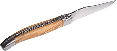 Laguiole en Aubrac Taschenmesser 12 cm, aufwendig graviert, Doppelplatine, Griffschalen Olivenholz, Klinge und Backen matt