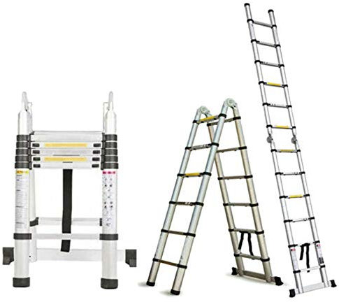 Scala telescopica 2,6/3,2/3,8/4,4/5 m, estensibile con piedini in gomma antiscivolo, portata 150 kg, scala EN131, in alluminio, multiuso, facile da riporre e trasportare.