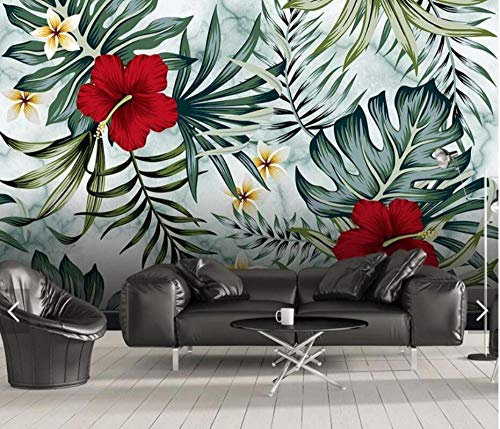 Papier Peint Panoramique 3D Tapisserie Intissé Murales poster geant photo Décoration Murale Effet Trompe Loeil 150x105cm Feuilles tropicales Fleur rouge Floral