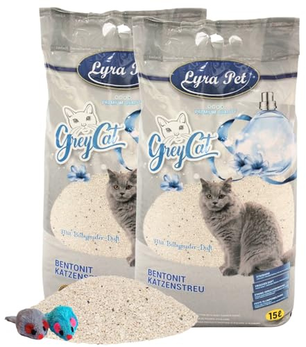 Lyra Pet® 30 Liter Grey Cat Katzenstreu Bentonit mit Aktivkohle + 2 Mäuse | Duftet nach Babypuder - Feuchtigkeit wird Absorbiert - Naturprodukt aus Bentonit - Sparsam durch Klümpchenbildung - Staubarm