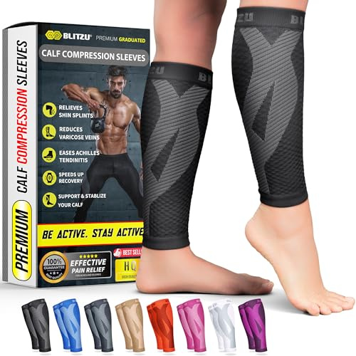 BLITZU Calf Compression Sleeve for Women and Men, Shin Splint Sleeves for Varicose Veins, Nursing, Pregnancy, Running, Footless Compression Socks Support for Calf Muscle Pain Relief Black XXL