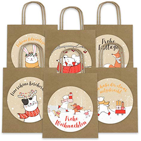 Papierdrachen Geschenktüten Weihnachten - 6 Stück - braun - inkl. XXL-Stickern mit Comic-Eisbären Motiven - 22,5×18×8 cm - Henkeltüten Geschenkverpackung