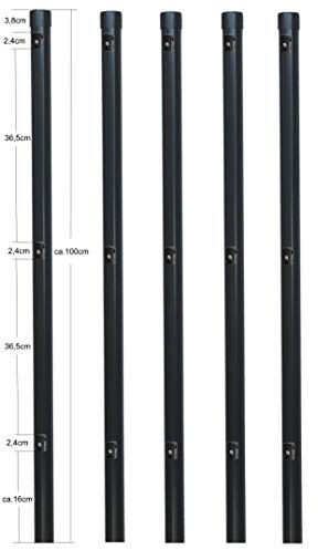 5 Stück Zaunpfosten Ø 34 mm für 80cm hohe Zaun. Incl. 3 montierter Spanndrahthalter und Pfostenkappe. Pfosten Länge 100cm für Montage in Einschlaghülse.