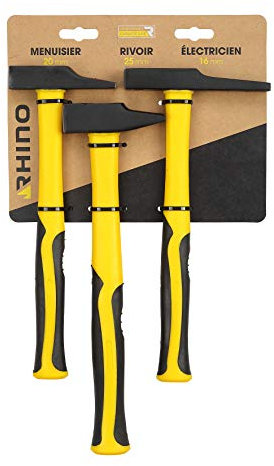 RHINO - Jeu de 3 Marteaux avec manche incassable (électricien 16mm, rivoir 25mm, menuisier 20mm) - Manche ergonomique trimatière incassable - Garantie à vie