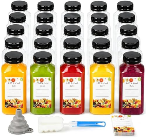 Jucoan 25 Pack 8oz/250ml Plastic Juice Bottles with Black Cap, Disposable Juice Drink Containers with Lids, Clear Reusable Bottles for Making Juice, Milk, Salad Dressing, Smoothie and Other Beverages