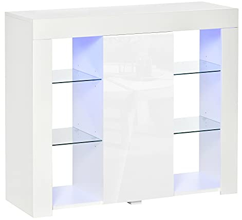 HOMCOM Aparador Moderno con Luces LED Mueble Buffet con 1 Puerta de Alto Brillo Cierre a Presión Estantes Ajustables y Control Remoto 97x35x83 cm Blanco