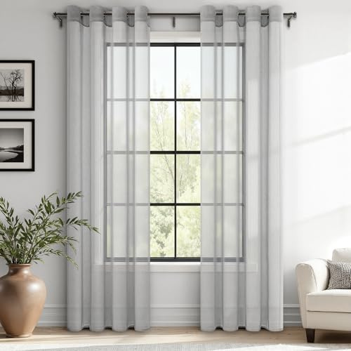 MRTREES Tende per interni Voile Semi Trasparenti Grigio Chiaro 2 Pezzi con Occhielli 140x200 CM Tenda a Panello Tende Leggere Morbida per Camera da Letto e Soggiorno Finestra Moderne