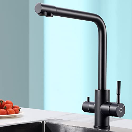 CECIPA Rubinetto Cucina 3 Vie Nero, Miscelatore Cucina per Acqua Filtro, 3 in 1 Rubinetti Cucina per Acqua Potabile a Doppia Leva, Girevole a 360 °